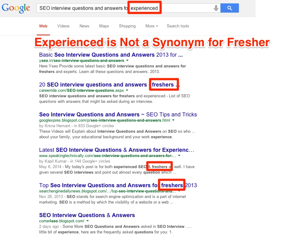 Experienced Fresher Google Synonym Issue