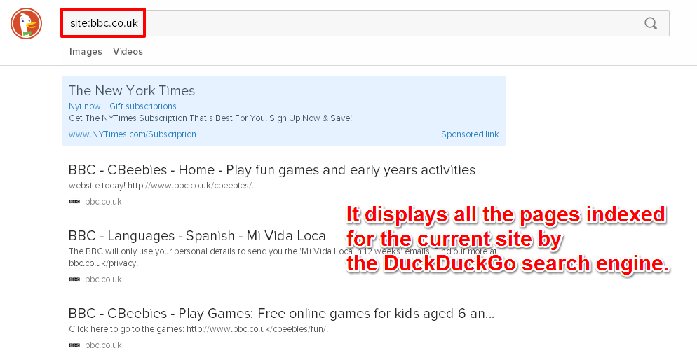 Displays All The Pages Indexed by DuckDuckGo for the Current Site