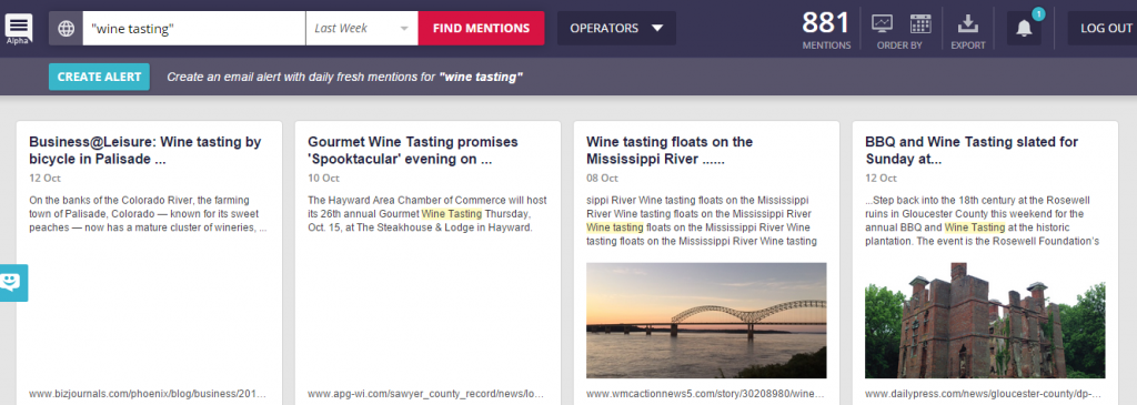 Brand Mentions "wine tasting" search