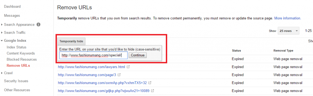 Remove URL in Search Console