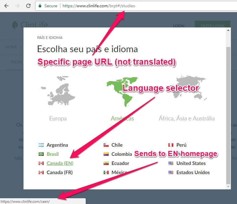 static homepage selector in language selection menu