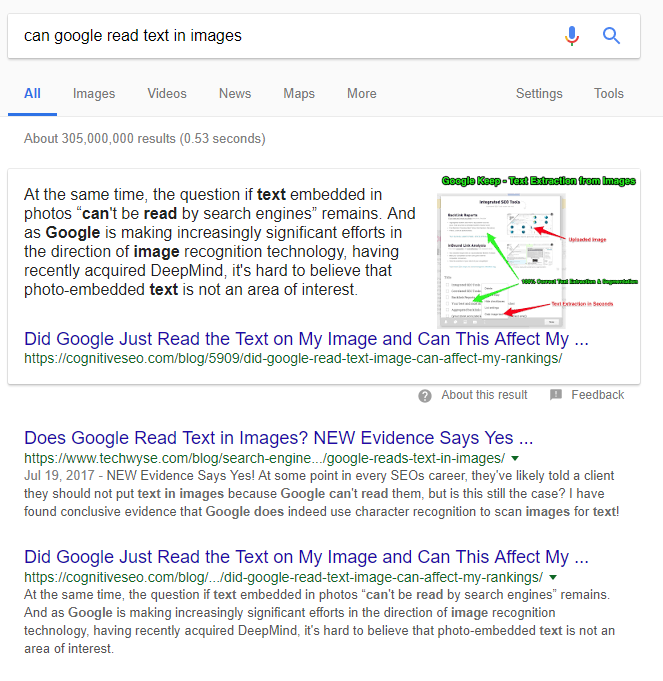 can google read text in images SERP