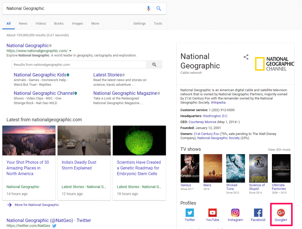 Google plus account not featured in results for National Geographic