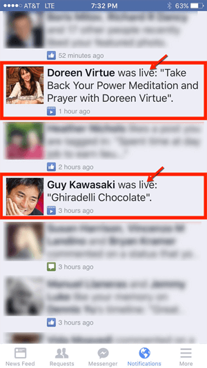 Live video notification in Facebook