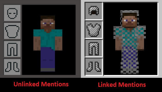 Vaizdas, kuriame pavaizduoti „Minecraft“ personažai, vienas be šarvų ir vienas su „chainmail“ šarvais, kurie rodo nesusijusius ir susietus