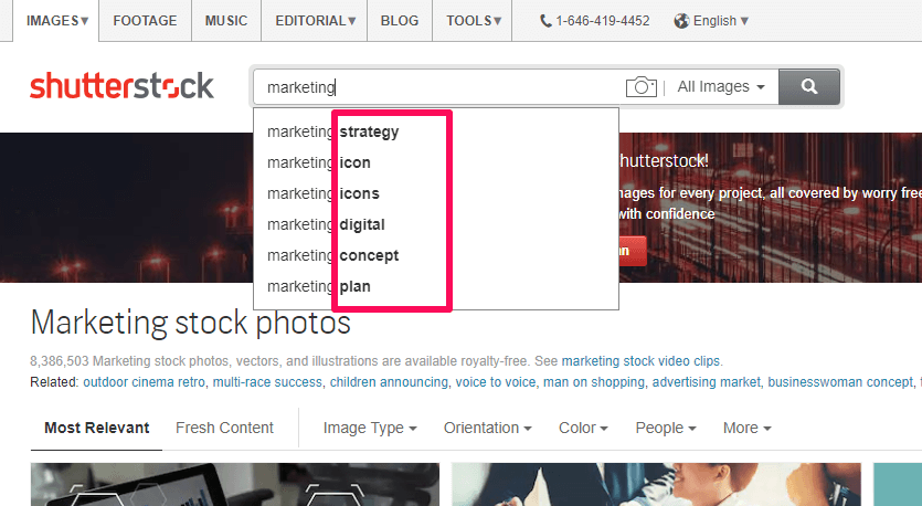 Shutterstock - autosuggested keywords
