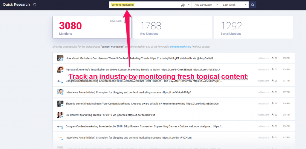 Track an industry by monitoring fresh topical content