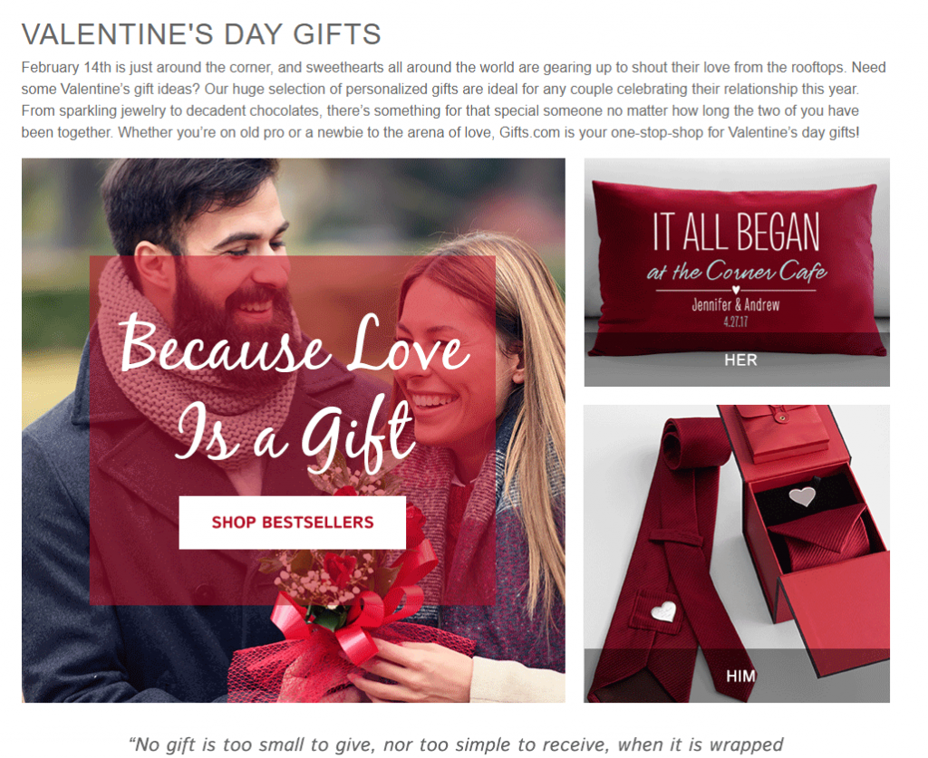 Valentines day example of website www.gifts.com