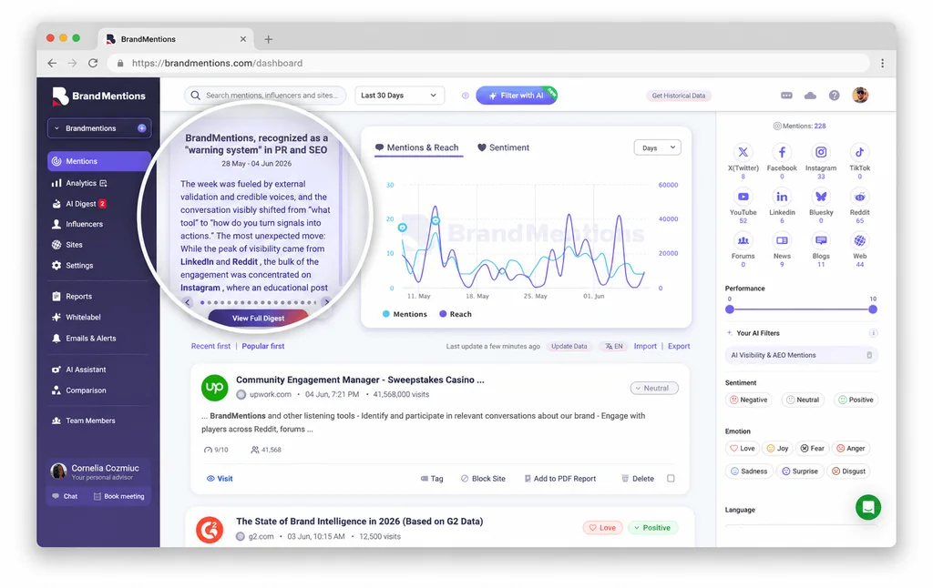 BrandMentions social listening and AI visibility tool dashboard